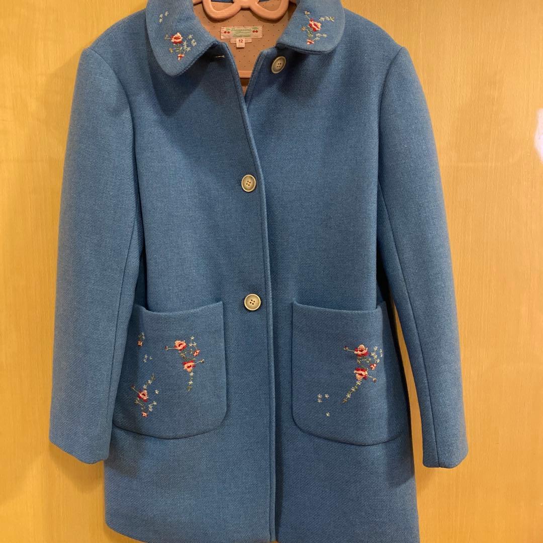 値下げ！ボンポワンbonpoint青色刺繍入りウールコート サイズ12
