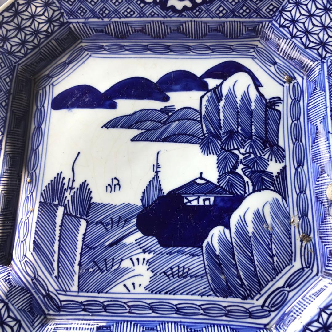 美品　古伊万里　陶器　年代物　盛り皿　角皿　八角絵皿　線画　山水の絵柄が素敵な