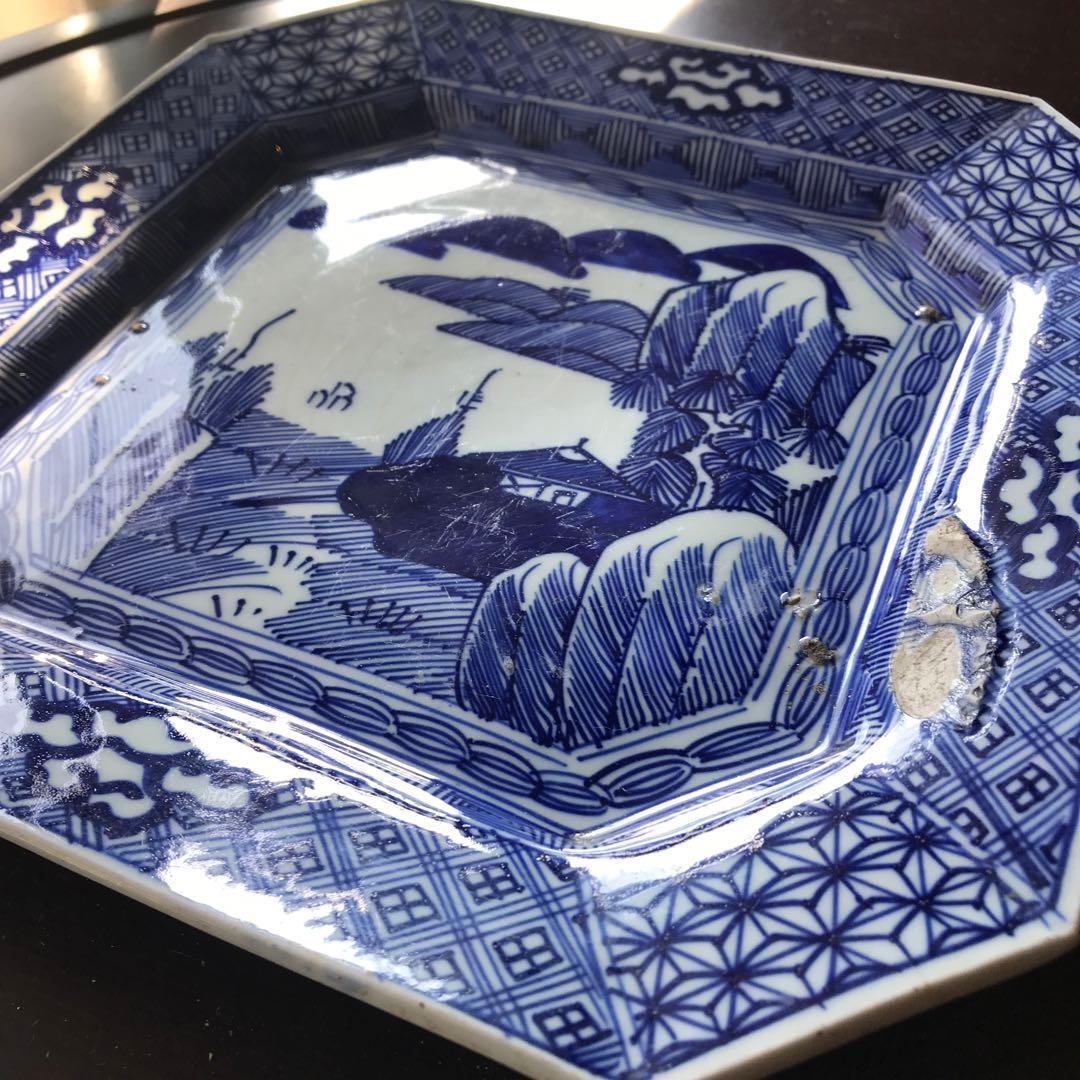 美品　古伊万里　陶器　年代物　盛り皿　角皿　八角絵皿　線画　山水の絵柄が素敵な