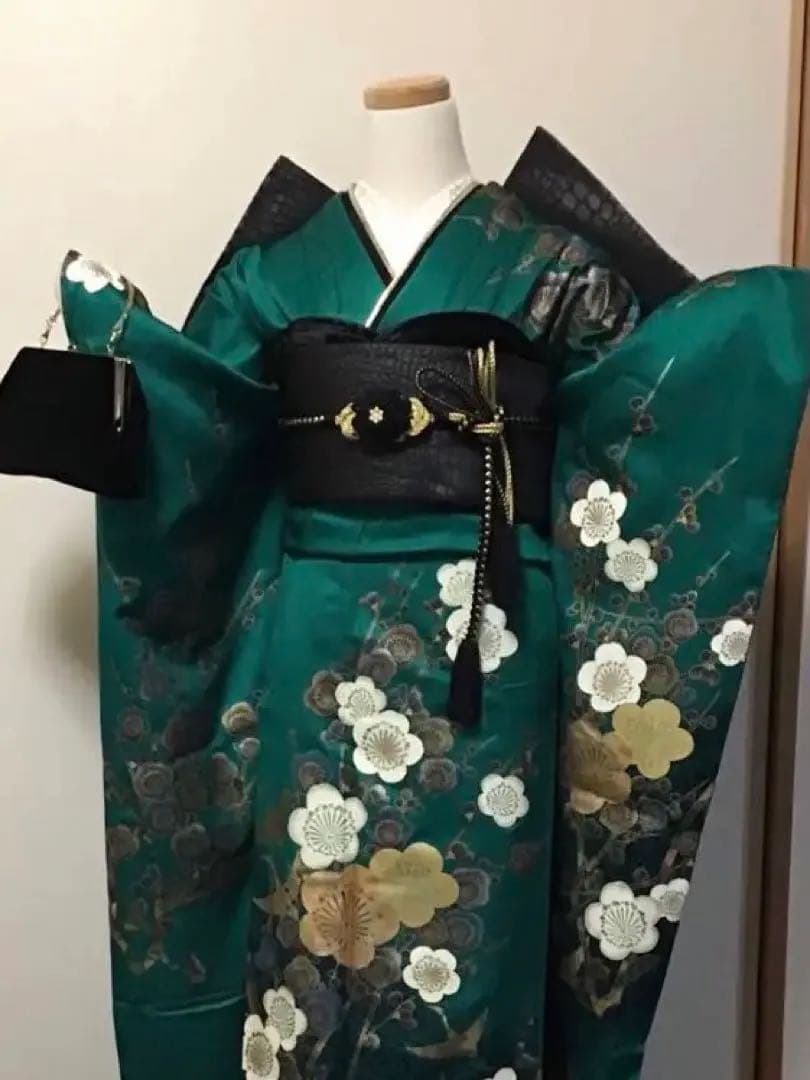 振袖フルセット　豪華　正絹　緑　金銀彩　梅　振袖6点セット　成人式