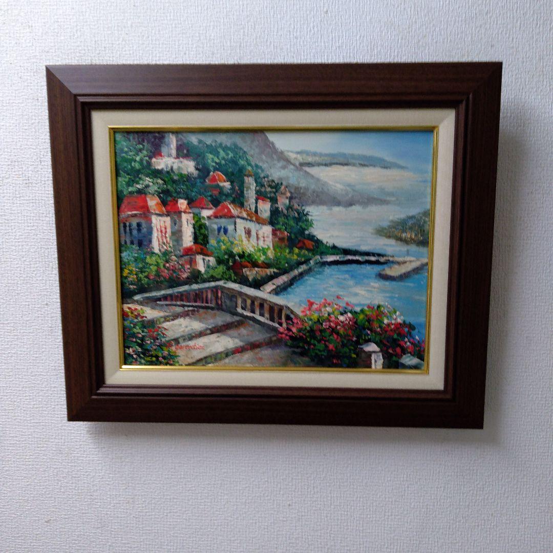 肉質油絵　横　F6　赤い屋根の家　額装仕上げ品