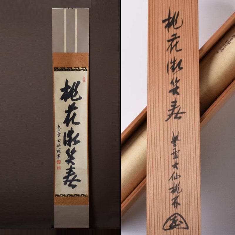 掛軸　紫野　大仙院　尾関桃林（宗園）筆　一行書　桃花微笑春　共箱　C　7522A