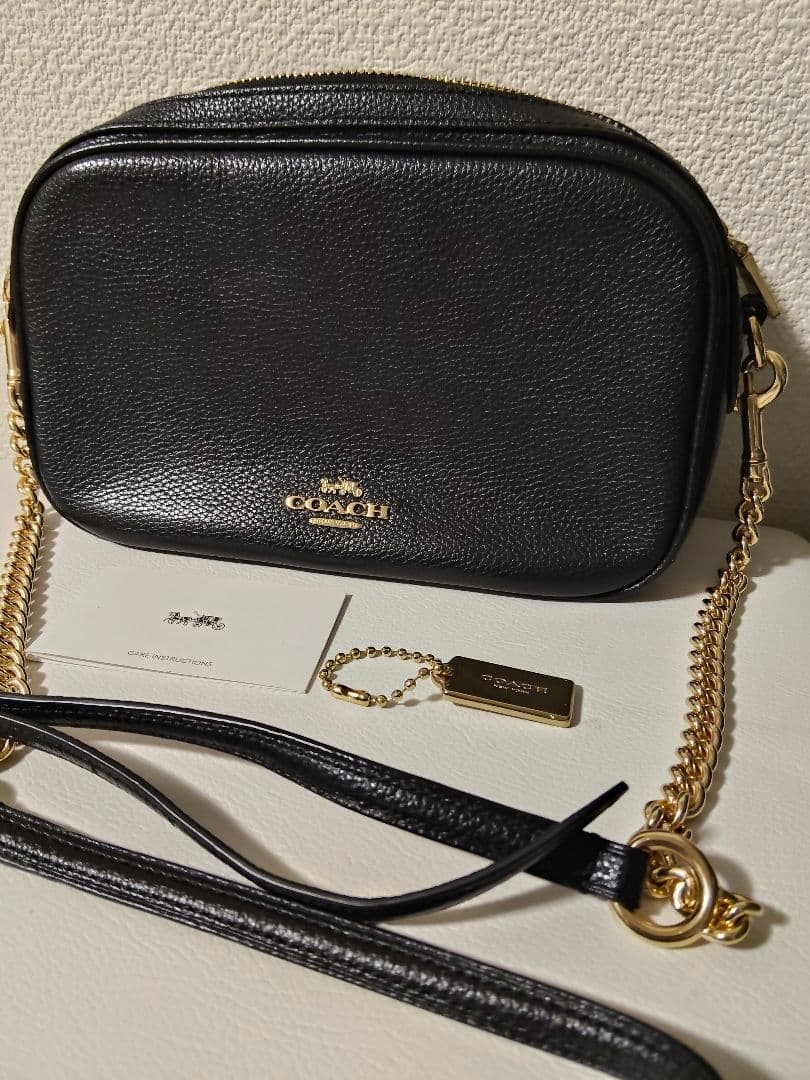 COACH ブラック　レザー　ショルダー　バッグ　黒　ロゴ　チェーン　コーチ
