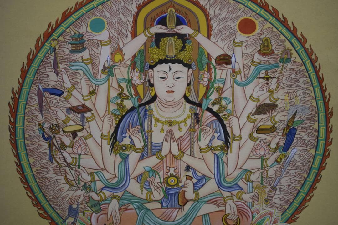 真作/奥田流雲/九門妥亭守護観音像図/千手観音像図/布袋屋掛軸HE-933