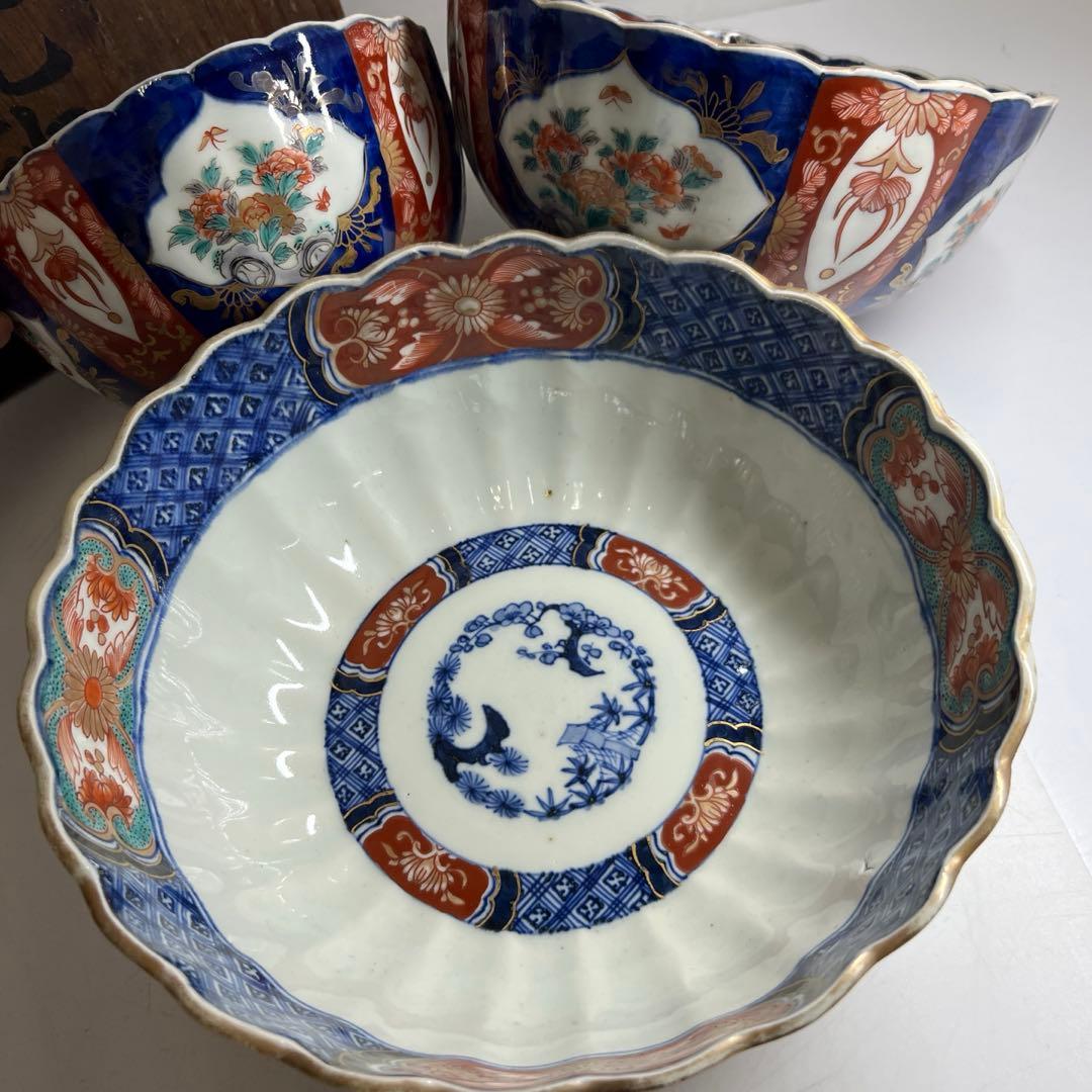 古伊万里　染錦菊割ミツ鉢　木箱　幅約24/21/18㎝　東Y7-0725③タカサ