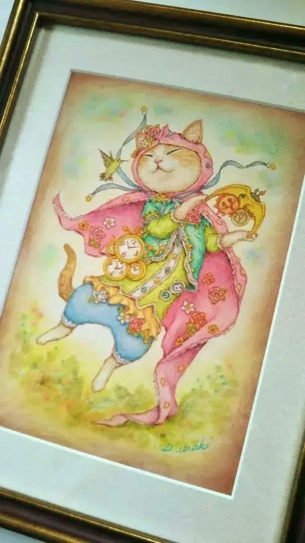 【原画】『時を数える猫』（猫の絵　猫グッズ　時計　絵画　パステル画）