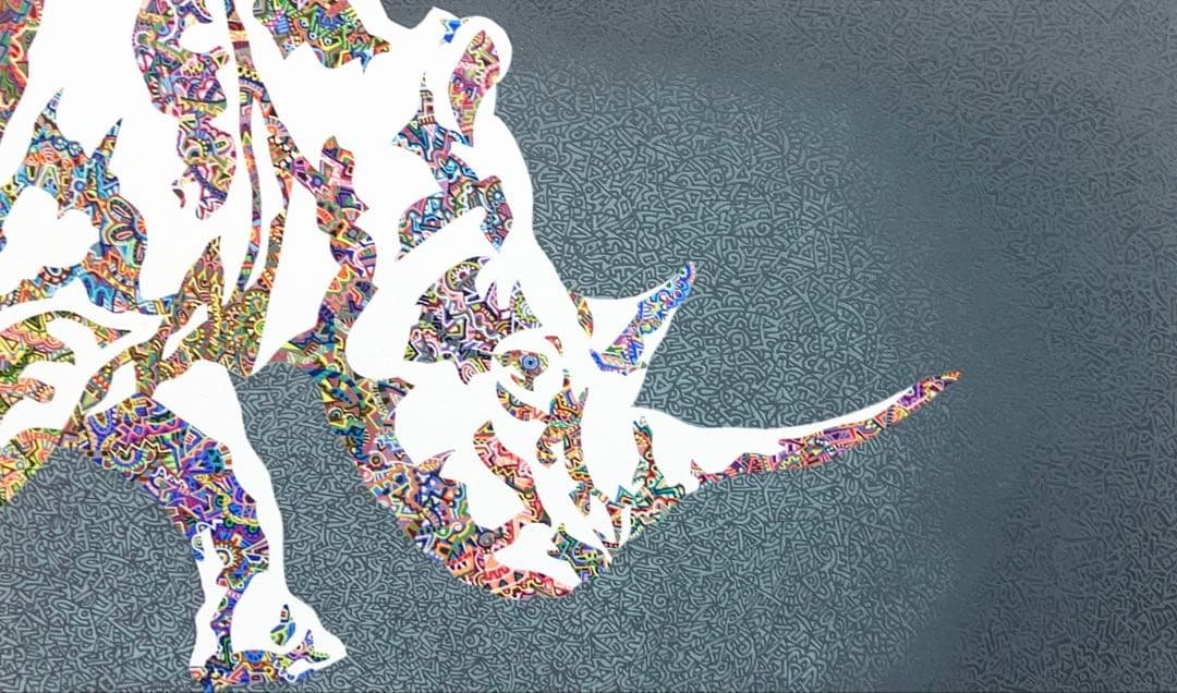 原画　サイ　動物画　絵画　アクリル画　現代アート　細密画　手描き　一点物