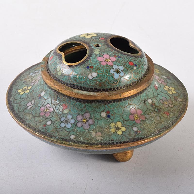 中国　古七宝琺瑯彩　花唐草文　三足蓋爐　香炉　M　R8546