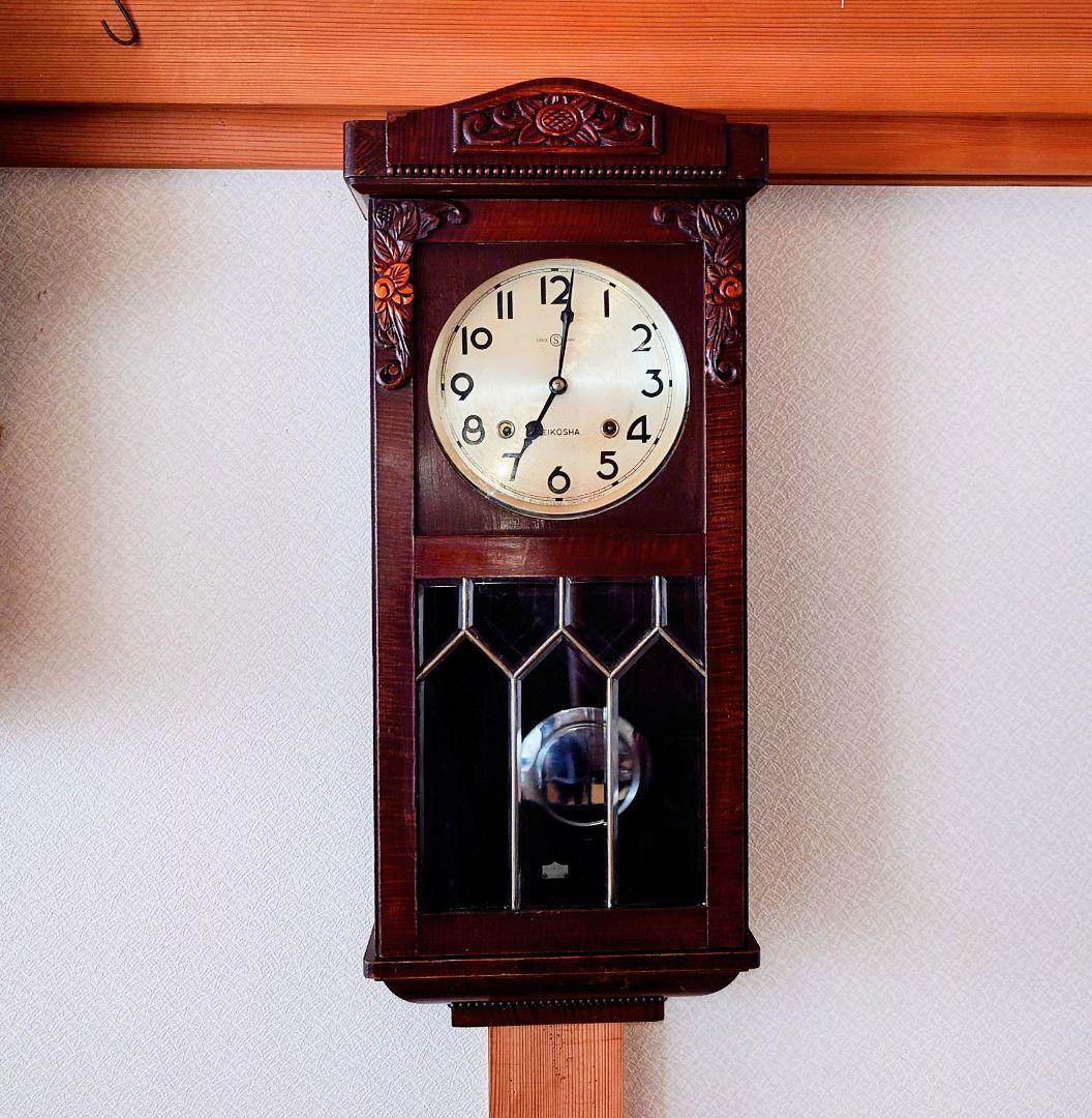 〈完動・美品〉精工舎　ステンドグラス調　スリゲル宮型ゼンマイ振り子時計