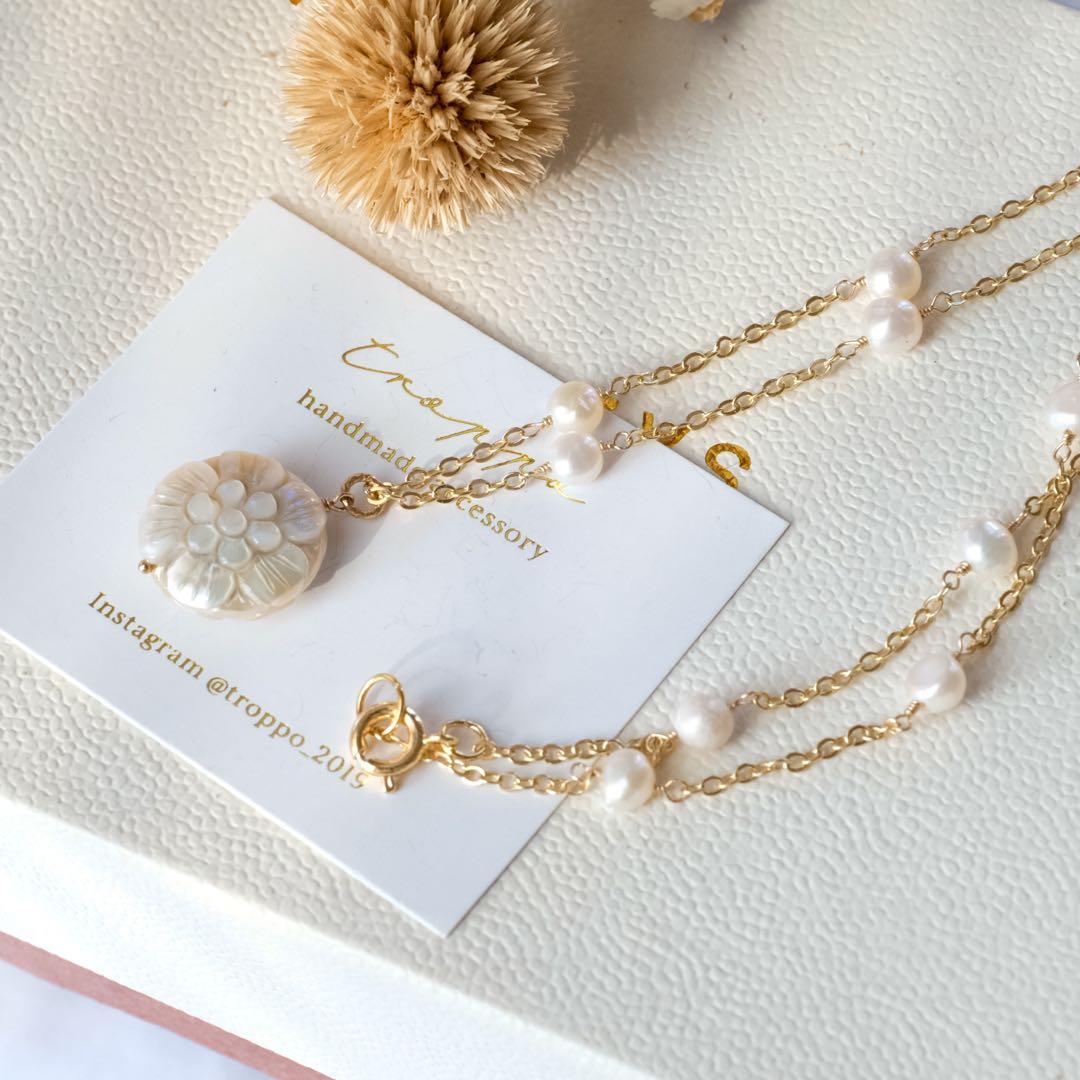 Ｇちゃん ♦︎14kgf淡水パールフラワーカービングネックレス