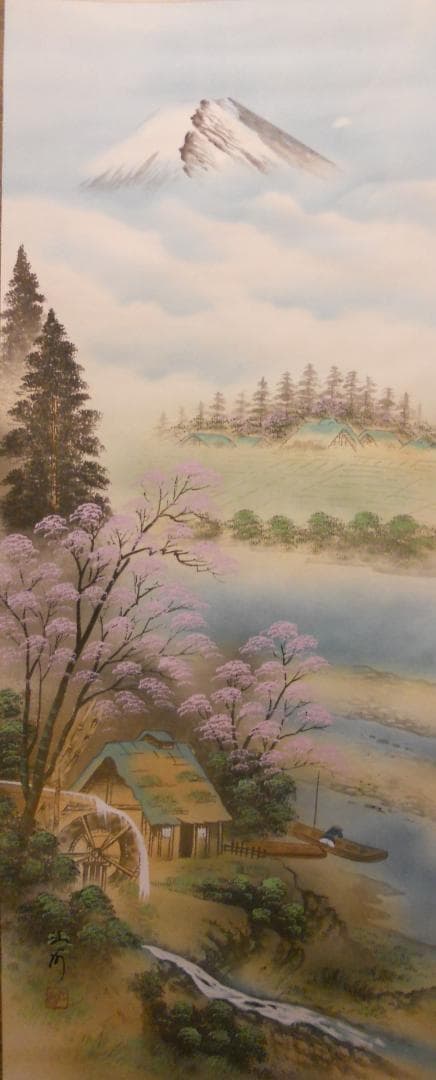 掛け軸 江河 春景山水図 絹本 希少 軸装 茶道具 掛軸 美品 です。