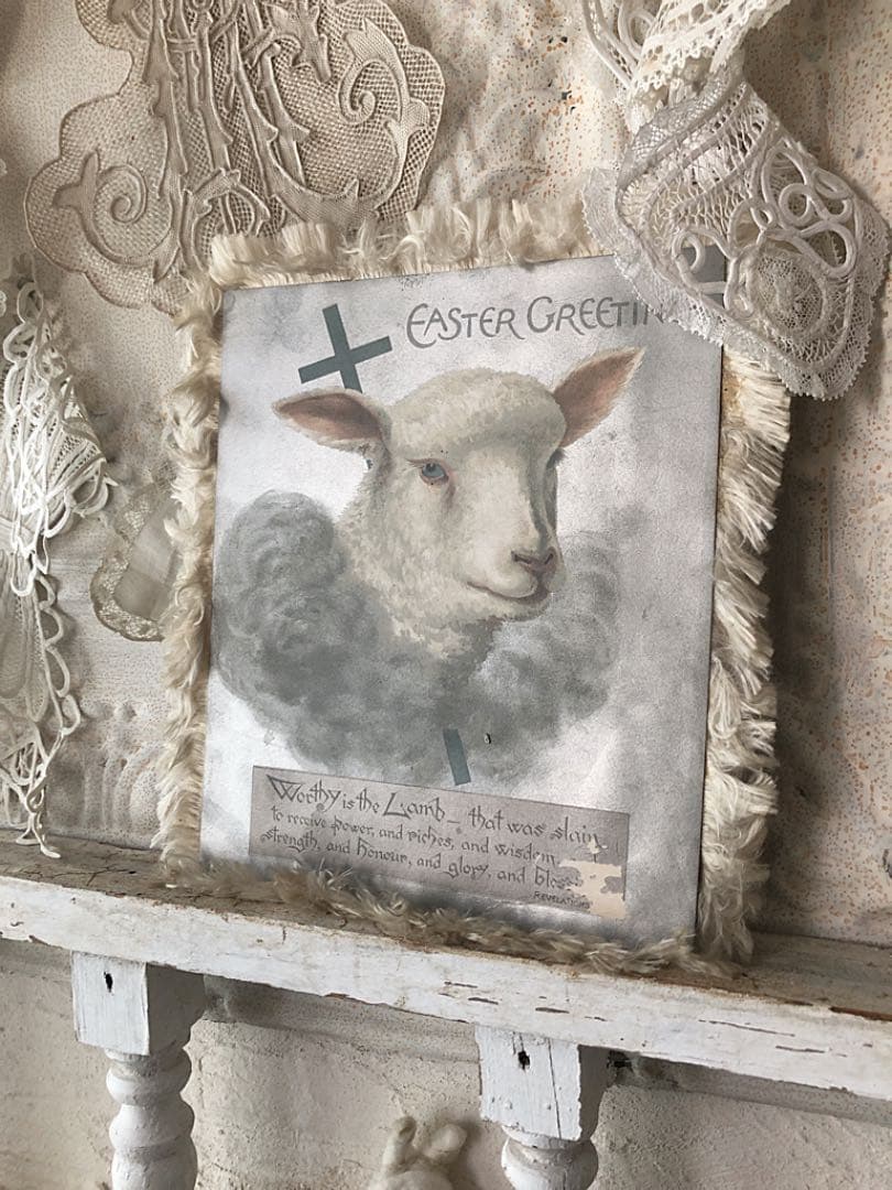 アンティーク　ラム　羊　シープ　パールブルー　イースター　グリーディングカード