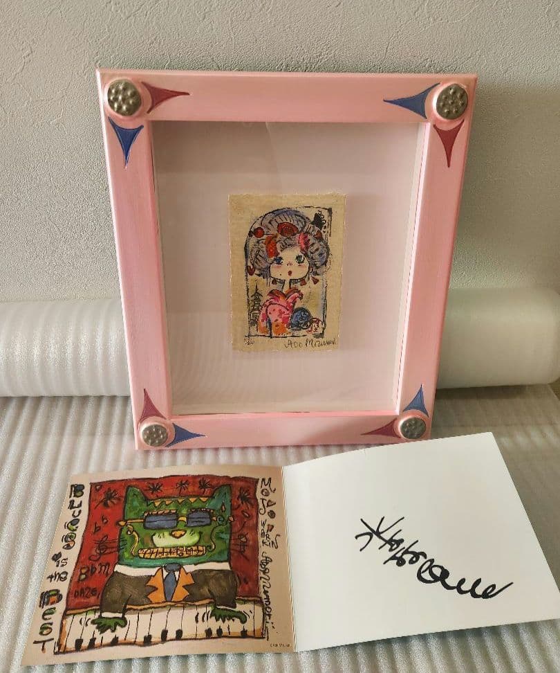 水森亜土　版画　和紙　あちきは～ん　オリジナルピンク額