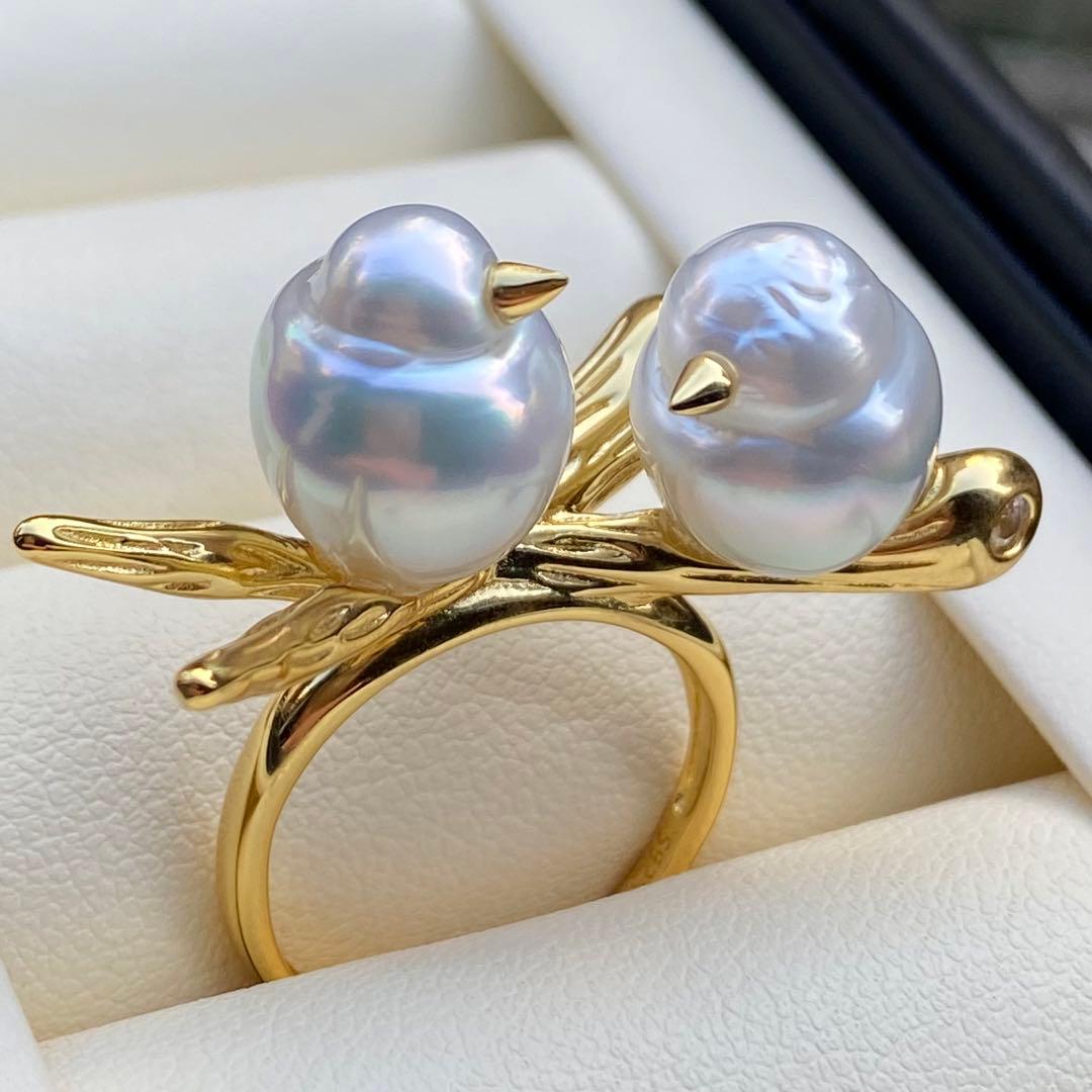 本真珠　南洋白蝶真珠ダブルリング「鳥と枝」　13.2mmホワイトL1257