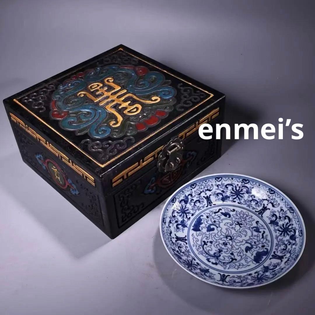 中国古美術・旧蔵磁器・藍釉青花染付皿・純手描き・文房具・置物・観賞皿・古い箱付き
