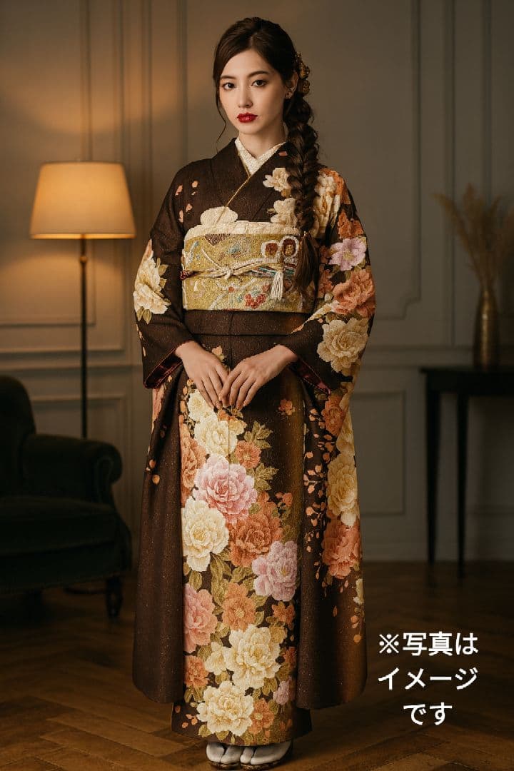 【ご購入者様お手続き中】本振袖　ラメ　薔薇　ブラウン系　美品