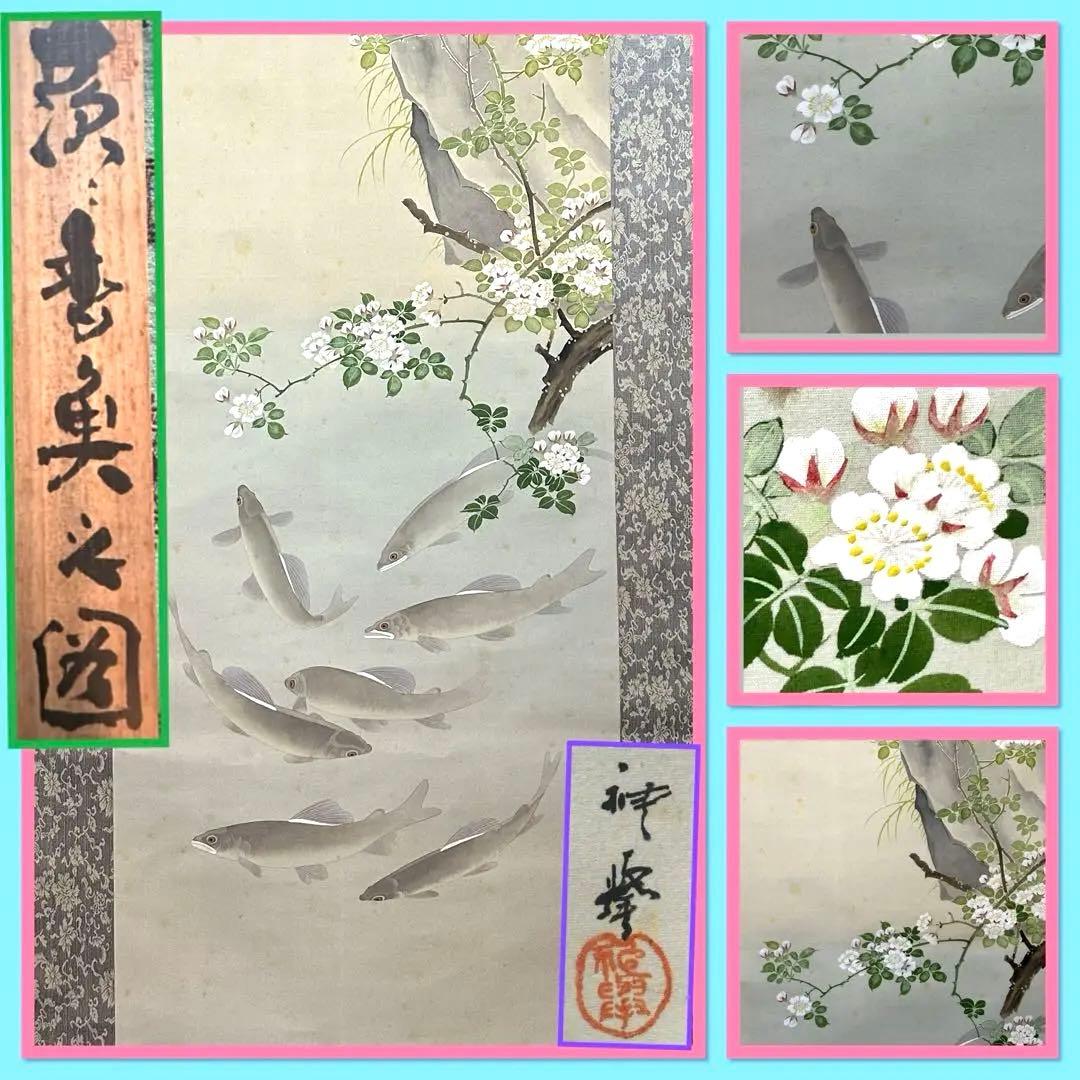 2126様感謝‼️掛軸「茨香魚之圖」神挙作　絹本肉筆　署名落款　桐箱入り