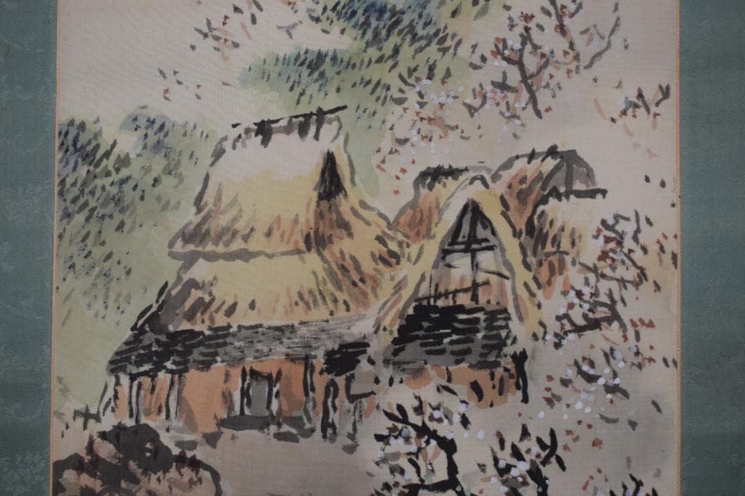 【真作】秋峰/梅花山水図/山家梅花図/掛軸☆宝船☆Y-686　JM