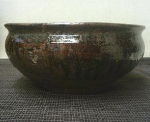 鑑賞茶器！【水指　変形口　漆器蓋専用作　流れ釉　骨董木箱・E32 】茶道具　収集