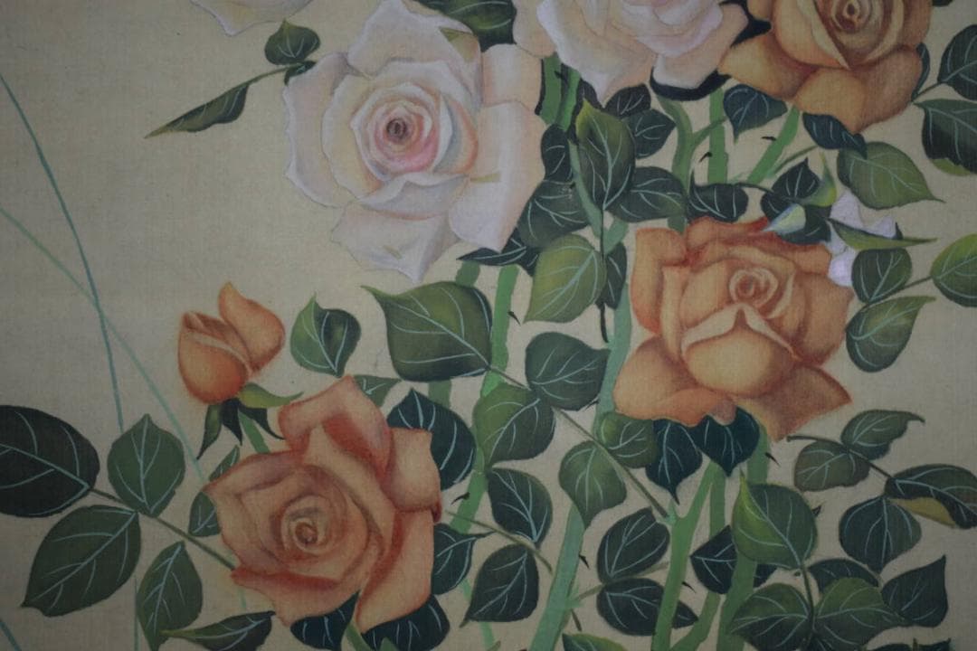 複製/盤雨/玉堂富貴/薔薇に蝶図/花鳥/花/工芸/布袋屋掛軸A-152