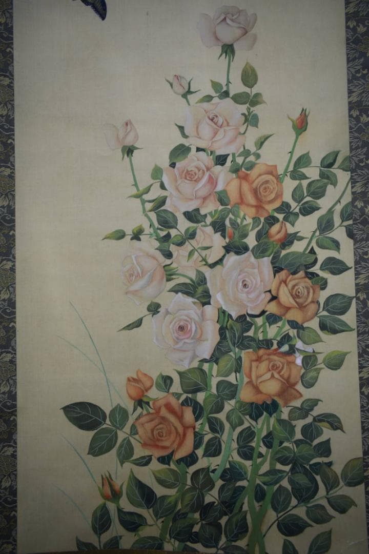 複製/盤雨/玉堂富貴/薔薇に蝶図/花鳥/花/工芸/布袋屋掛軸A-152