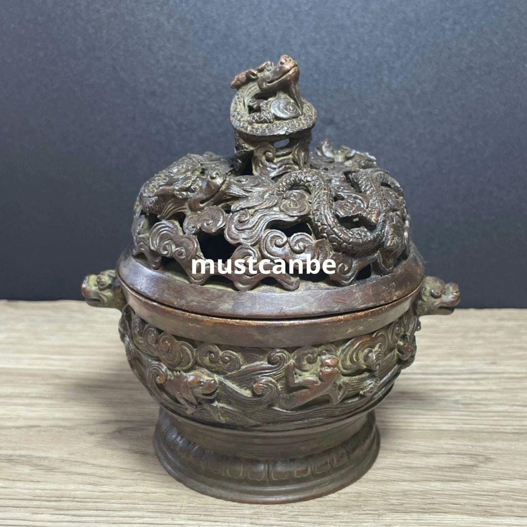 銅器 双獣耳浮彫盤竜薫香炉 香道具 茶道具 工芸品 置物