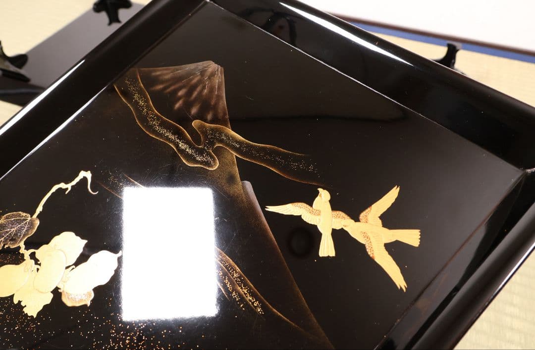 一富士二鷹三茄子 金蒔絵 黒塗四方膳 足付 五客 35cm 木製漆器【CM389