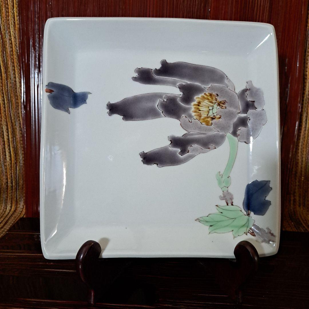 九谷焼　武腰潤　富貴の図　牡丹　花絵　板皿　共箱共布