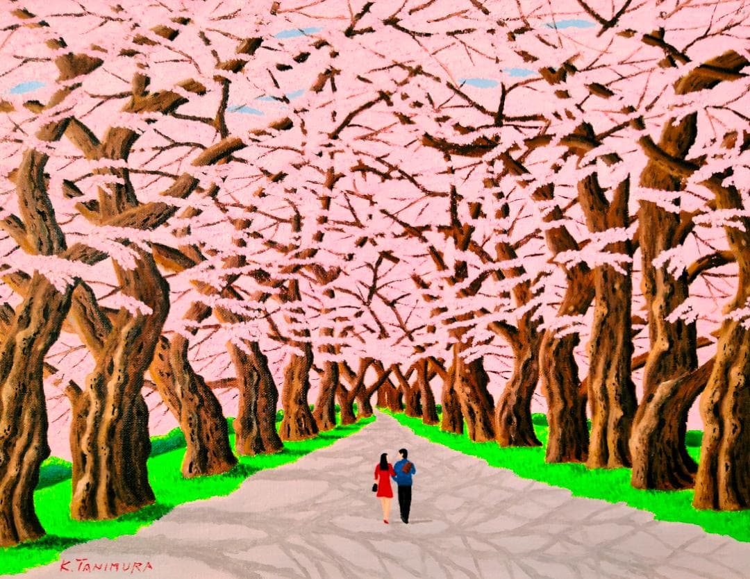 ★桜並木・肉筆油彩画・F6キャンバス