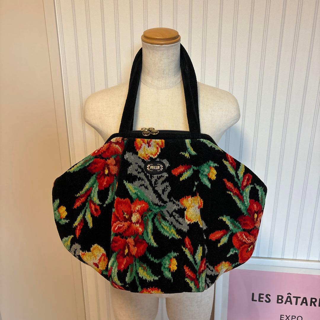 希少型　フェイラー FEILER トートバッグ 花柄 がま口　ブラック