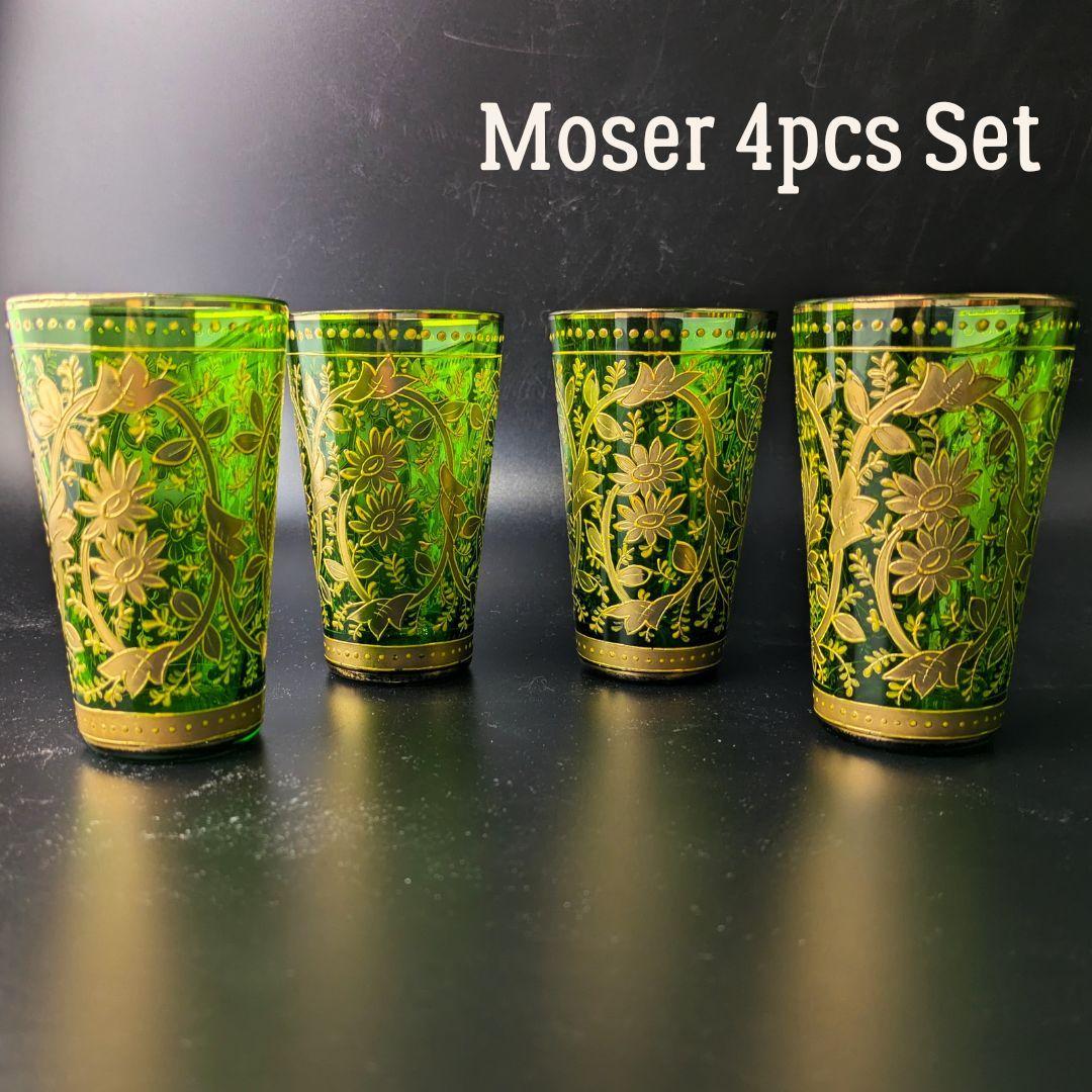 Moser モーゼル 金彩グラス 4個セット エメラルドグリーン アラベスク文様