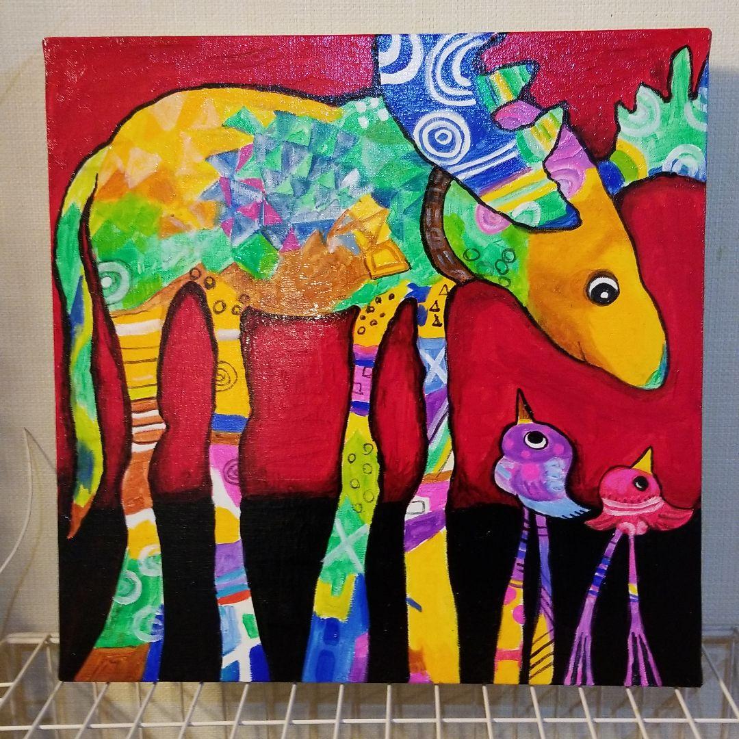 油絵　ゆうみ　ベストフレンド*ヘラジカと鳥