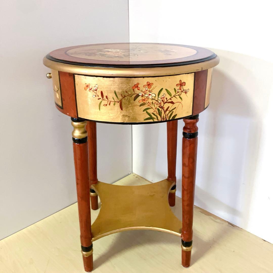 アンティーク調　ラウンドテーブル　サイドテーブル　李朝　和柄　丸テーブル