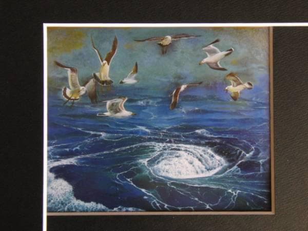 奥谷博、海鴎旋渦、希少画集画、新品額装付、状態良好