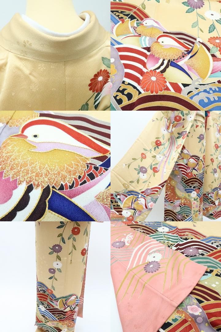 Y2840◇美品 正絹 金駒 手縫い仕立て 鴛鴦 成人式 振袖 着物