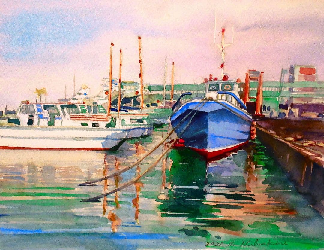 港の風景 水彩画 2022年作