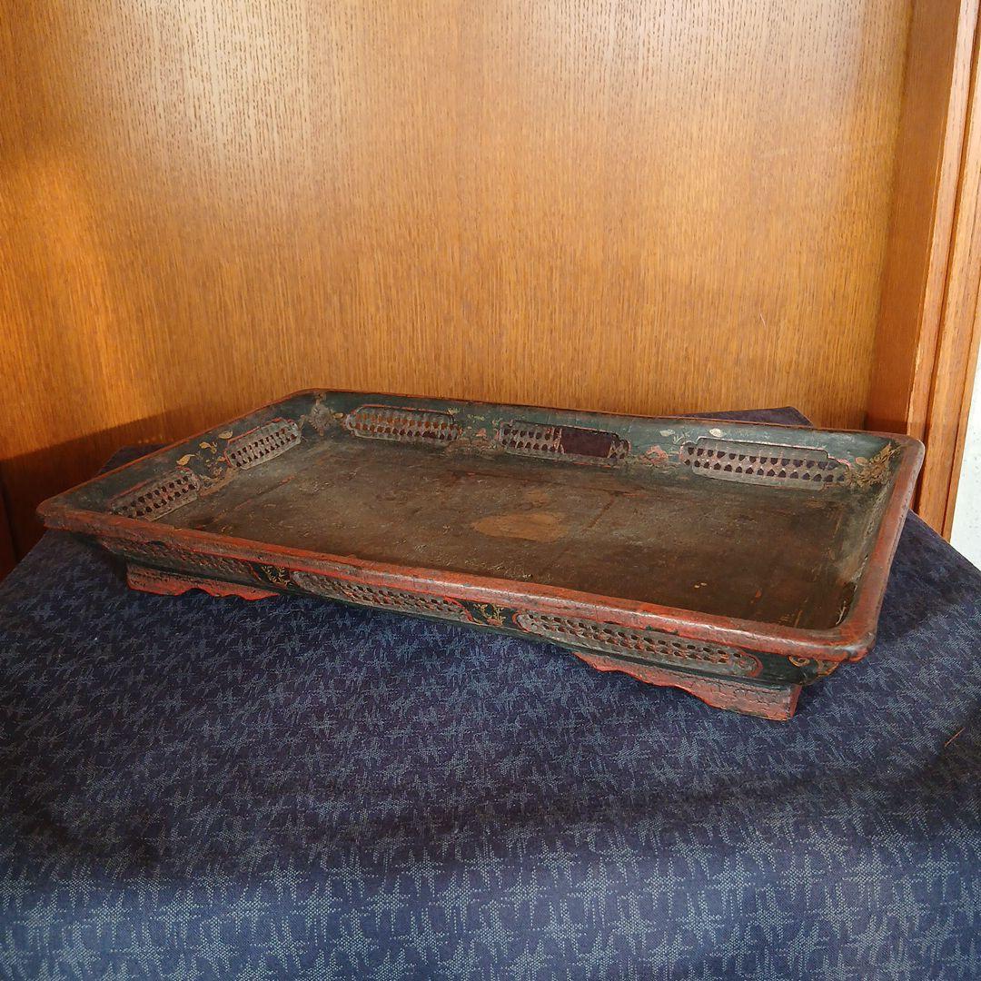 木製長方形トレイ 金彩と赤色花柄装飾