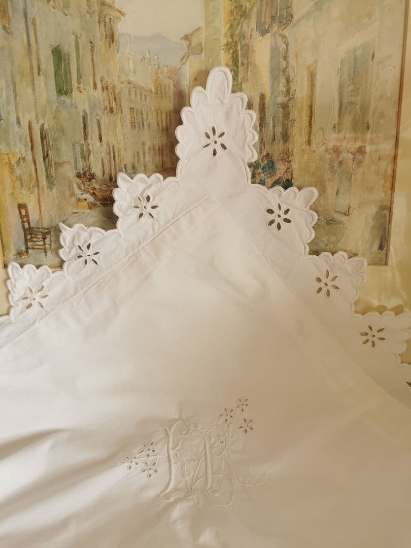 アンティークフランス オープンカットワーク＆スカラップ刺繍ラージクッションカバー