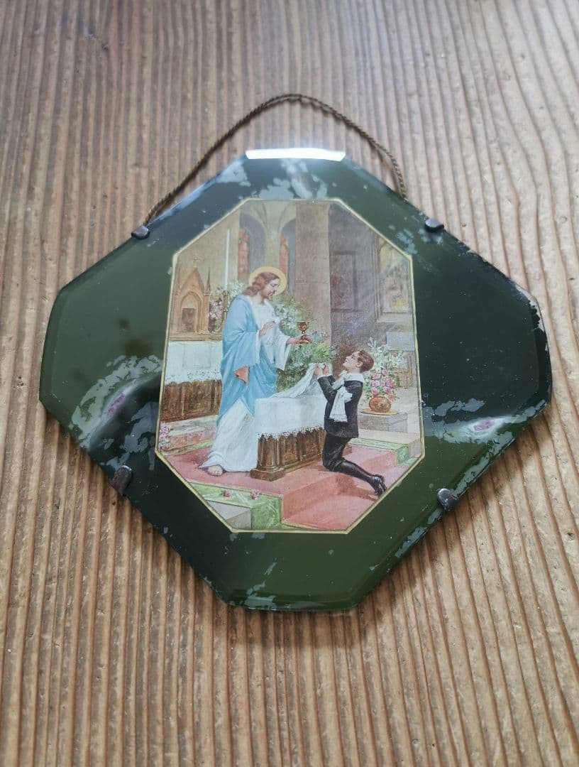 アンティーク 初聖体記念 キリストと少年 美しい八面体壁掛け深緑ガラスパネル