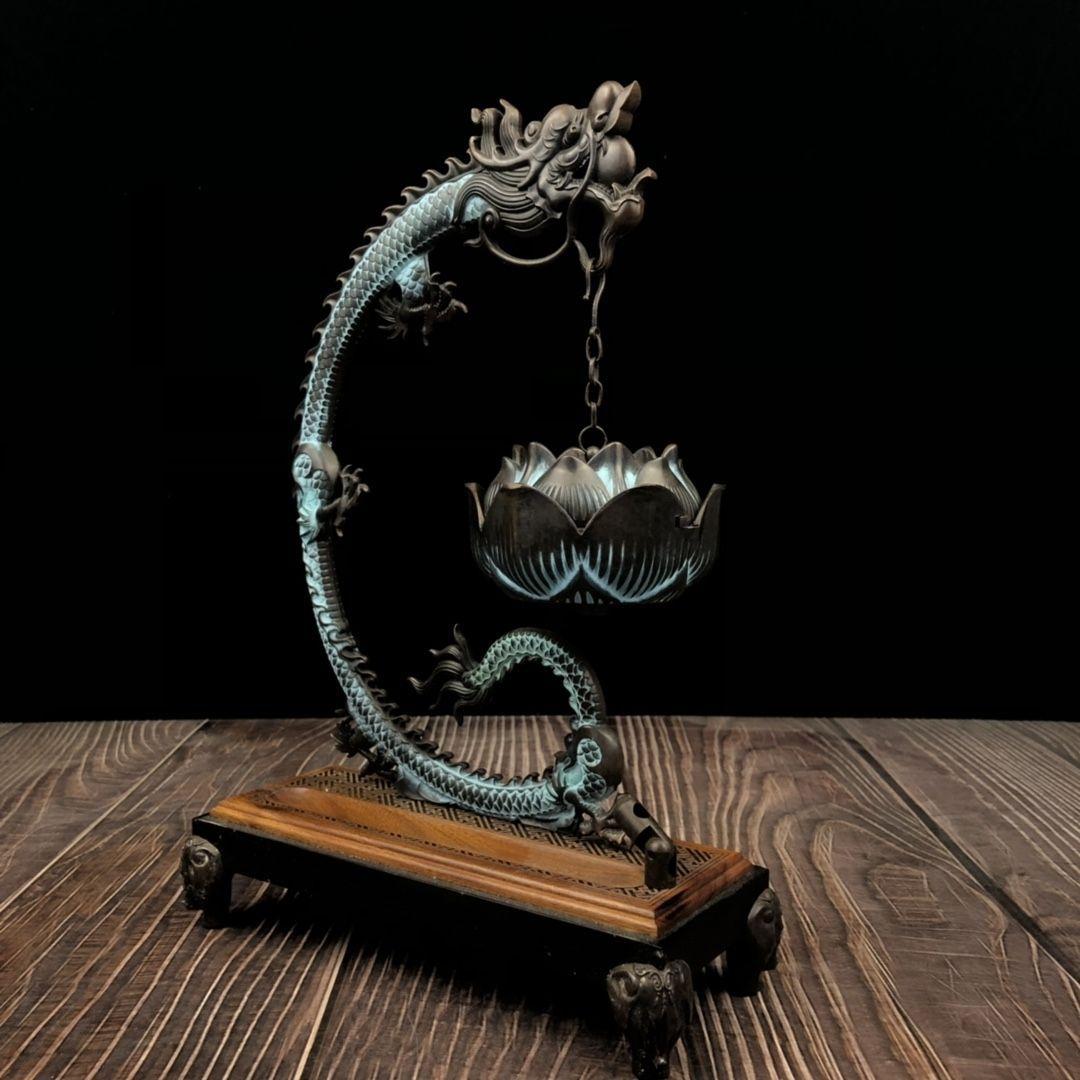銅 細工 彩藍蓮華龍弔り式香炉 倒流香 装飾品 現代工芸品 美術品 置物