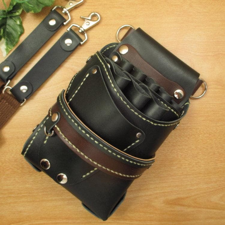 ☆特別価格☆濃いグリーン＆焦げ茶　８丁　本革シザーケース　SCA-143/AGA