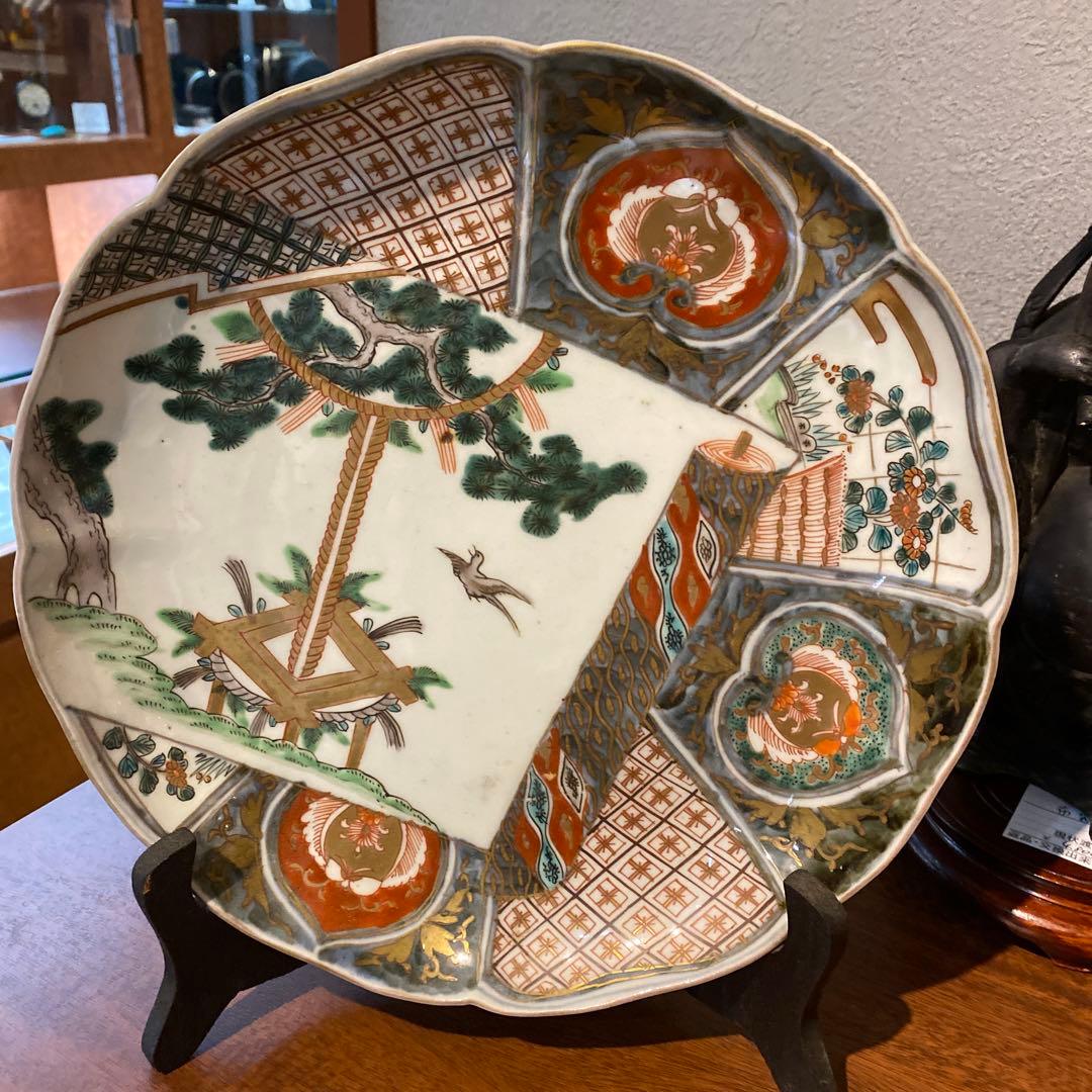 古伊万里　金彩　色絵皿　大皿　絵巻き