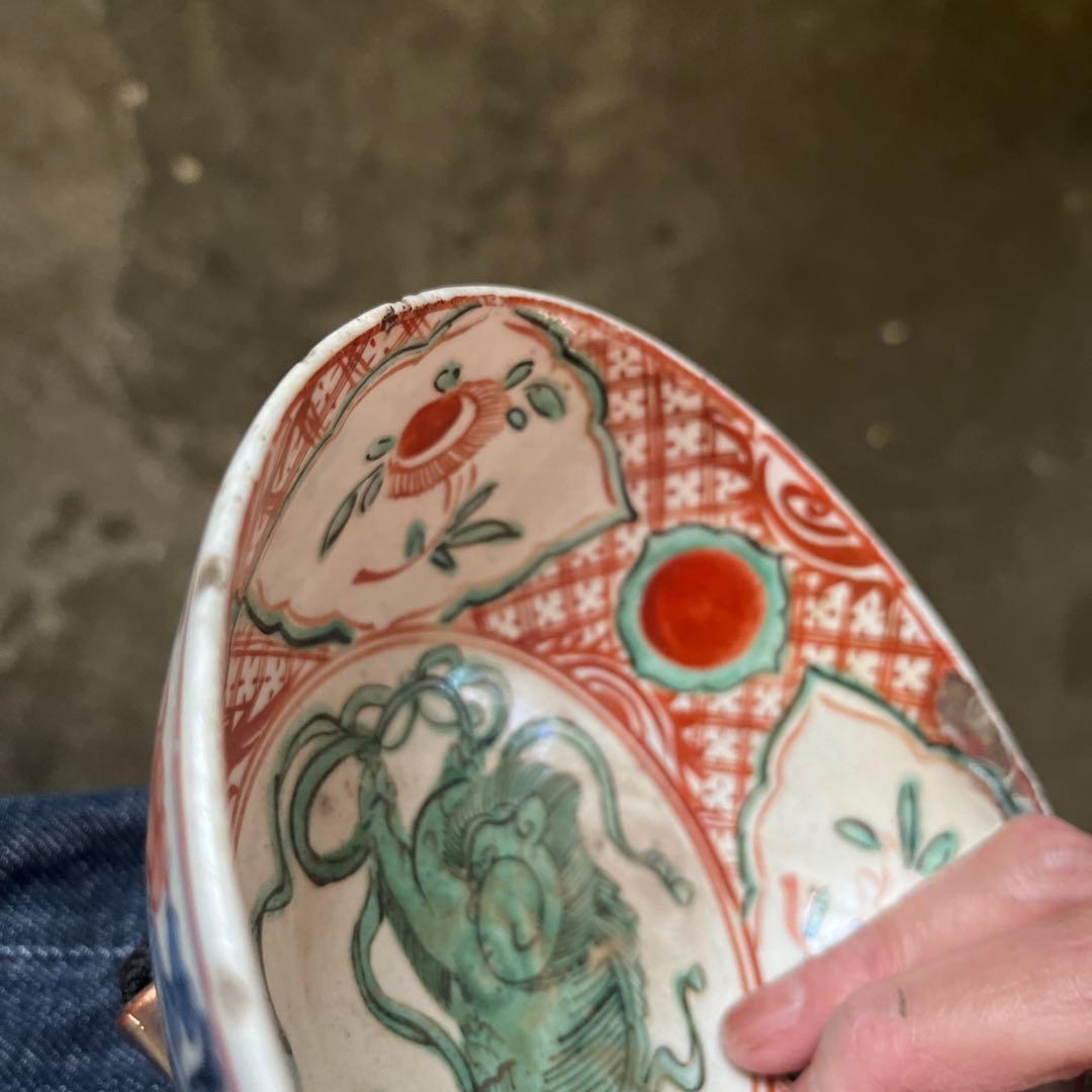 骨董　古犬山焼　赤絵　赤玉　なます皿　菓子器　獅子　中深鉢　江戸後期　金継ぎ