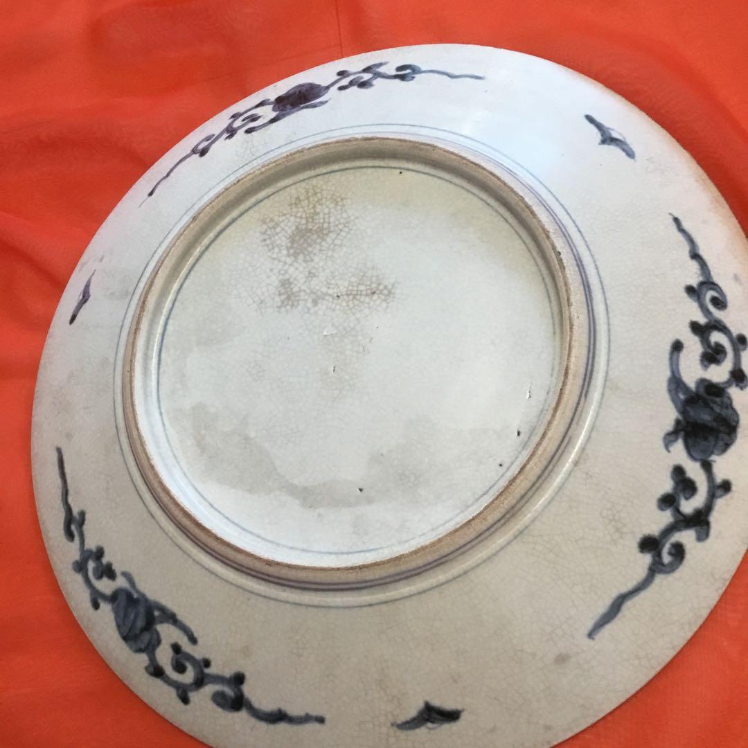 風景画と花模様の茶碗　アンティーク古い　大皿　飾り皿　約39センチ