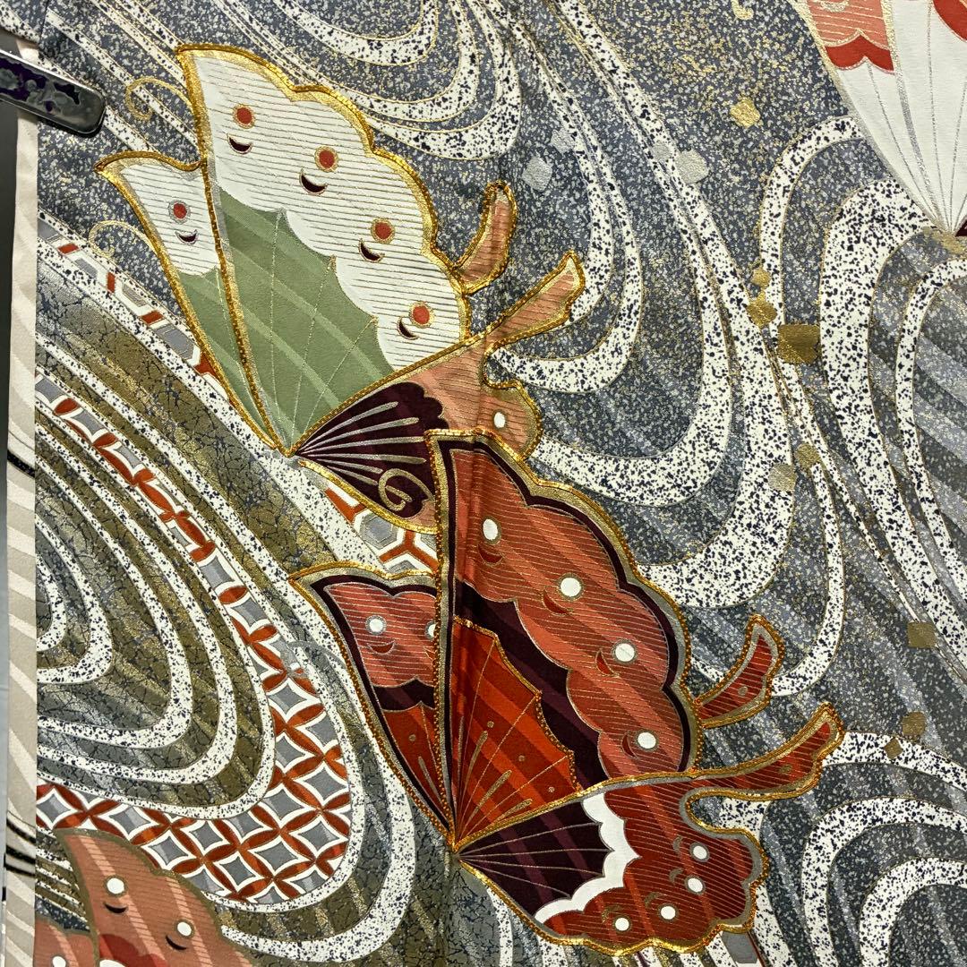 D34 振袖 やまと誂製 蝶々 流水 金駒刺繍 正絹 着物 袷 極美品