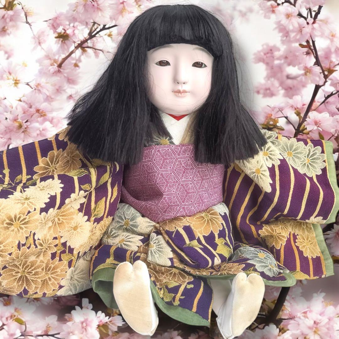 市松人形 松乾斎東光 紫 縮緬 花柄 菊 着物 ガラス 銘 印 三折れ 日本人形