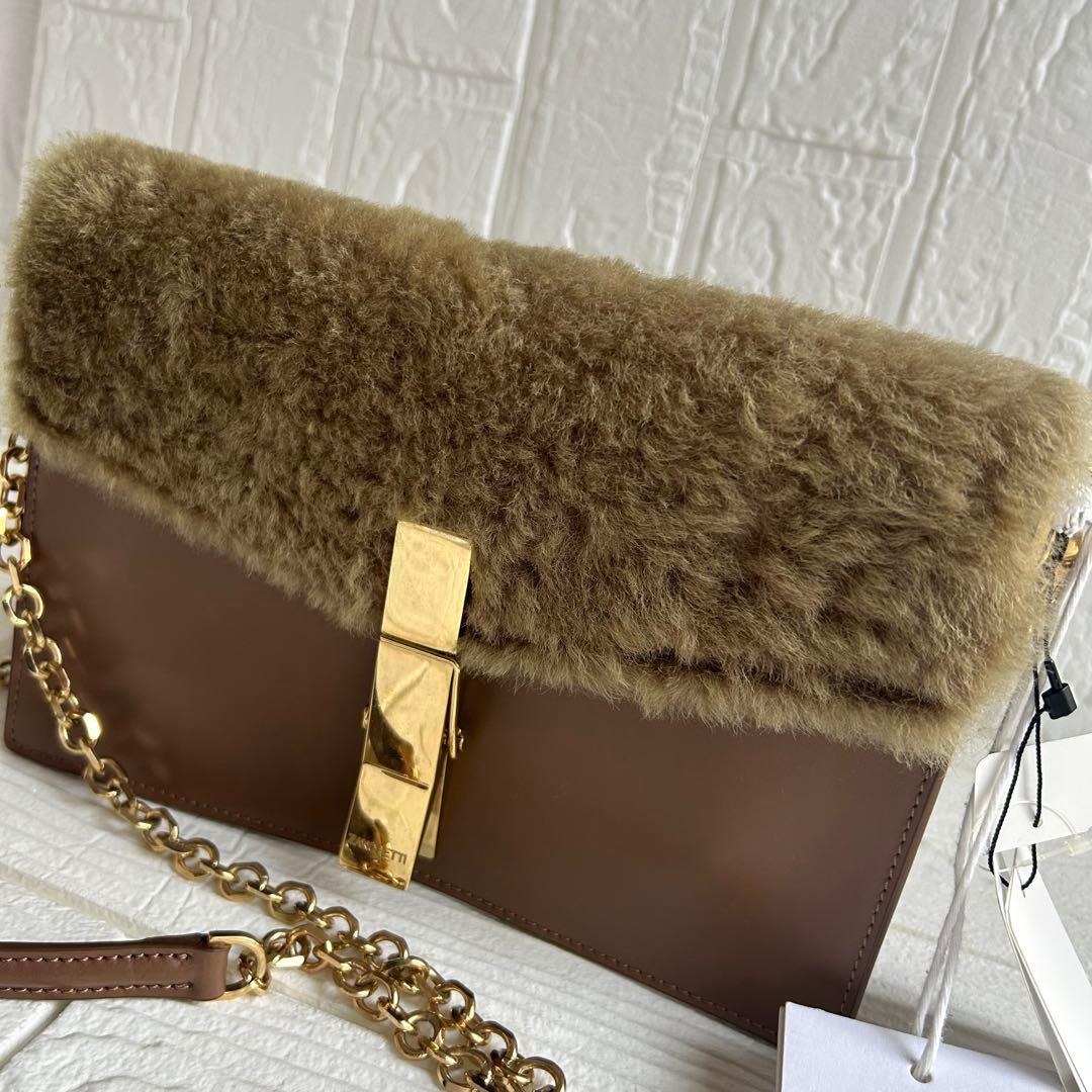【美品】ZANCHETTI ショルダーバッグ ブラウン ファー ゴールドチェーン