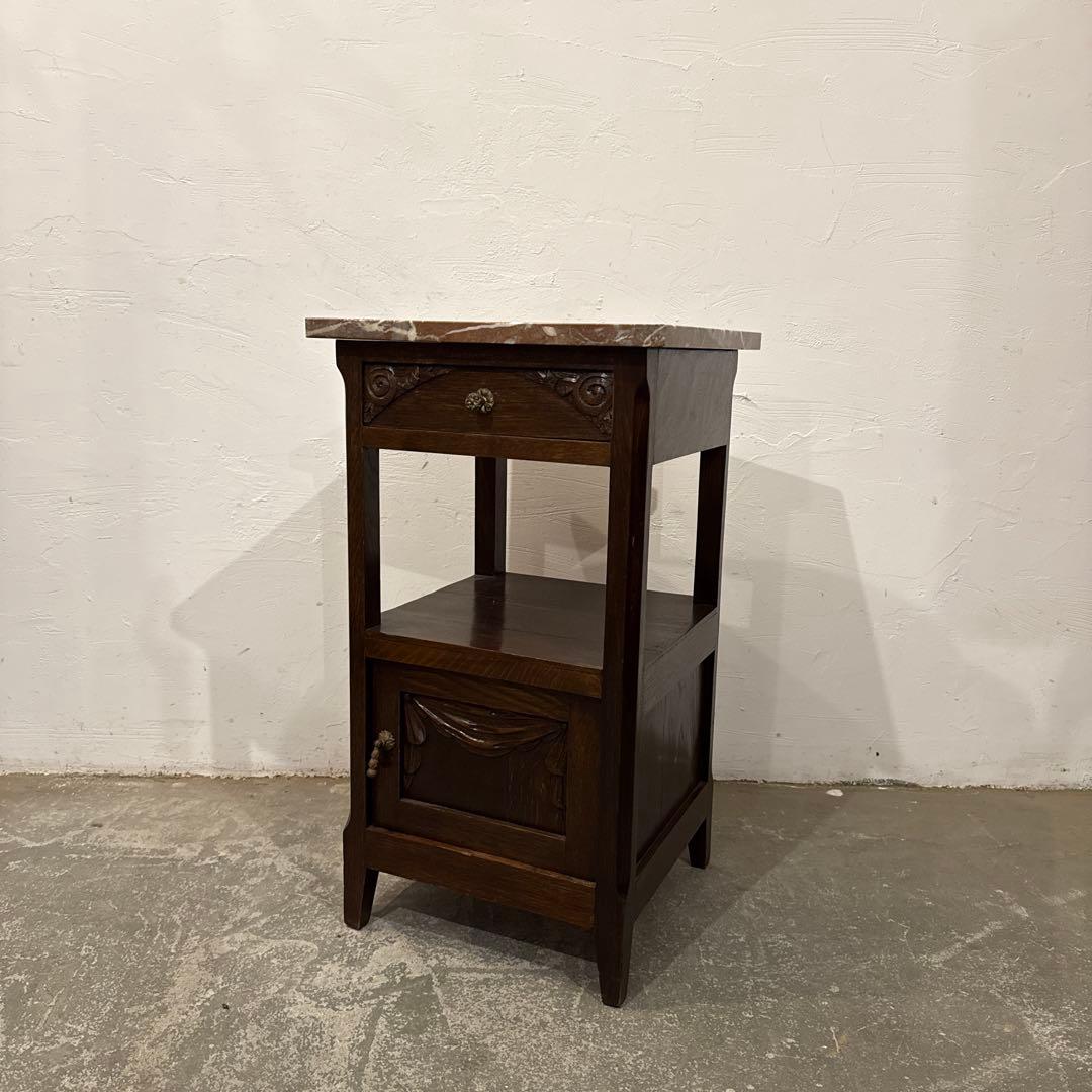 ヴィンテージ　木製サイドテーブル　引き出し/扉収納付き　大理石天板