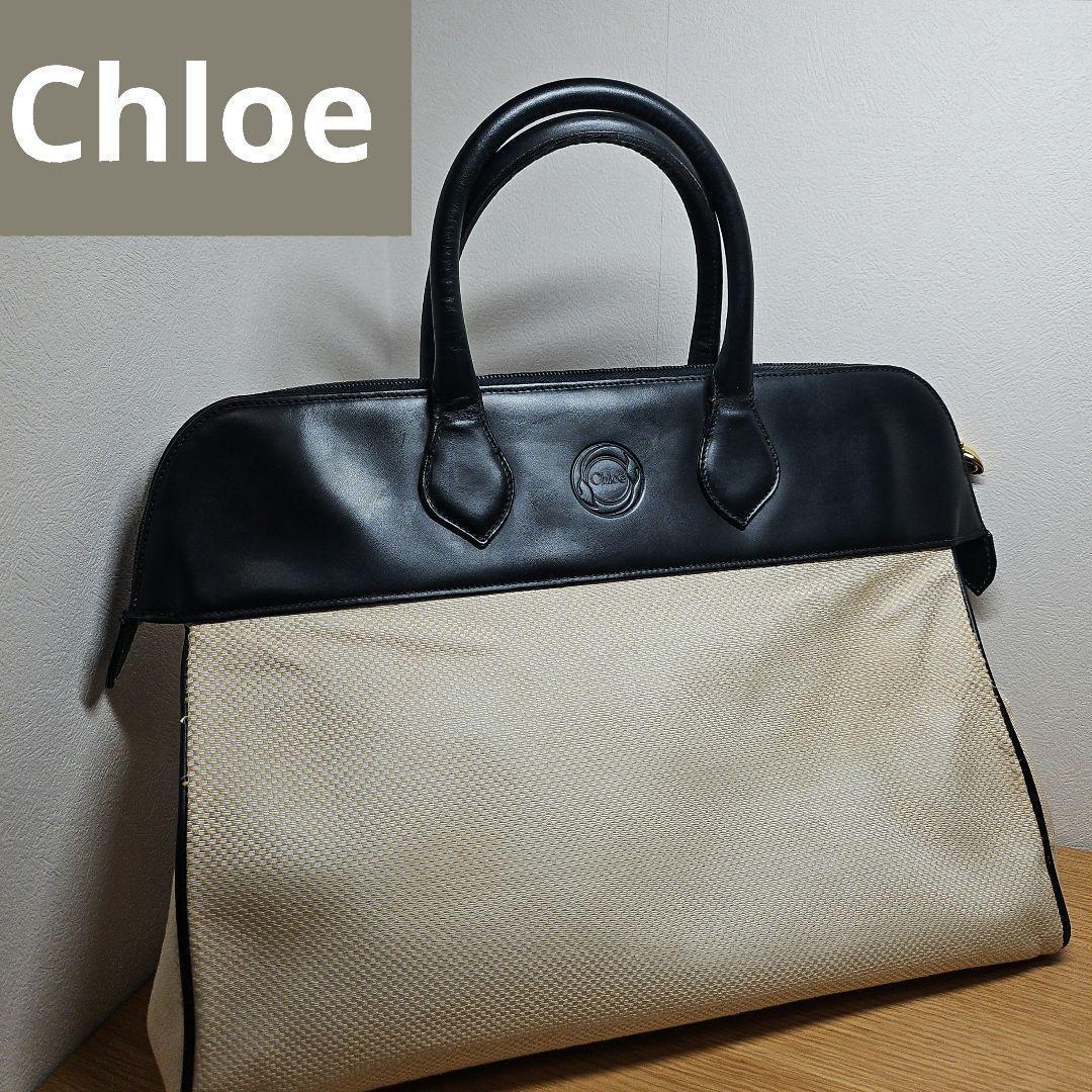 Chloe キャンバス レザー ハンドバッグ ブラック&ベージュ トートバッグ