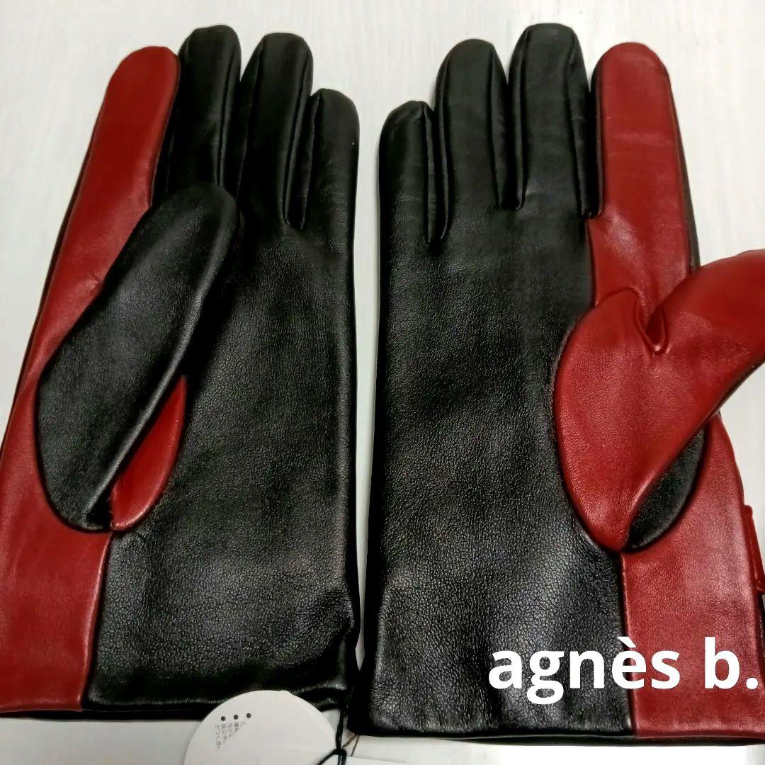 未使用 agnès b. アニエスベー 羊革 スマホ対応 黒 赤 手袋 25cm